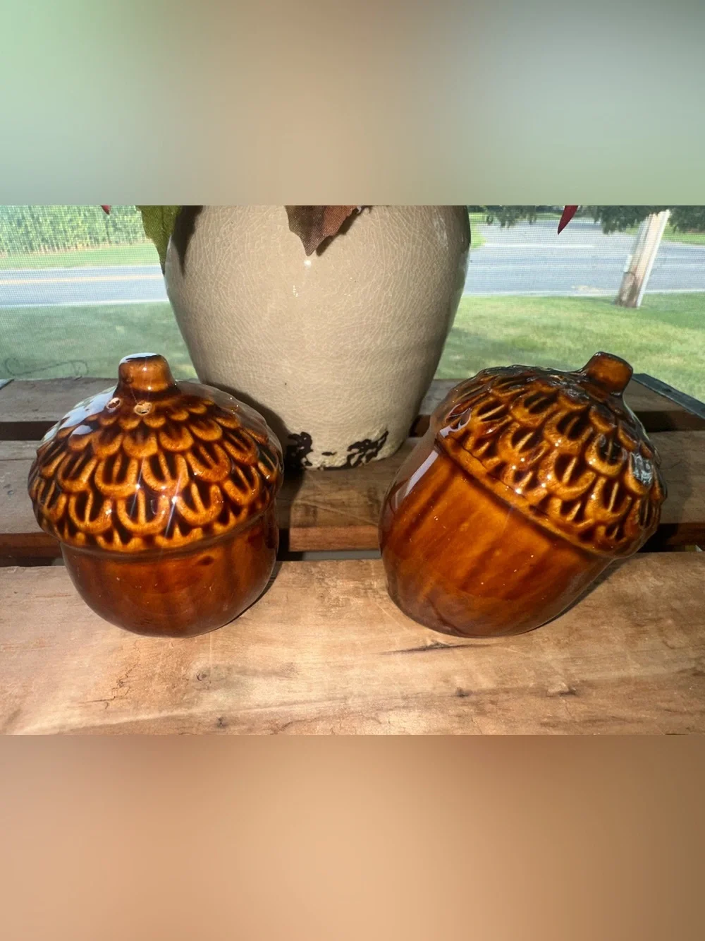Ceramic Textured Acorn Salt and Pepper Shakers - Brown Glaze. - New